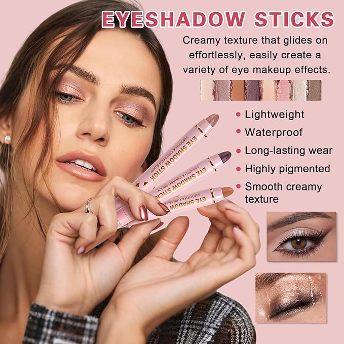 4 Colors Cream Eyeshadow Stick Set, Eye Shadow Brightener Stick Shimmer and Matte Finishes, Long-Lasting, Waterproof, Crease-Proof, Crayon Eye Shadow Pencil Highlighter Makeup Set A