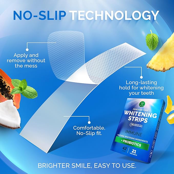 Teeth Whitening Strips by Pop On, 14 Strips, 7-Day Treatment, Non-Slip, Sensitive Teeth Whitening Strips, Made with Natural Ingredients, Mint Flavor, with Essential Probiotics, Hydrogen Peroxide Free