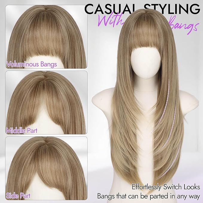 Long Golden Blonde Wig with Bangs for Women,4x4 Realistic Scalp,Free Parting,Layered Hairstyle Synthetic Heat Resistant for Daily Party Use 26 inch