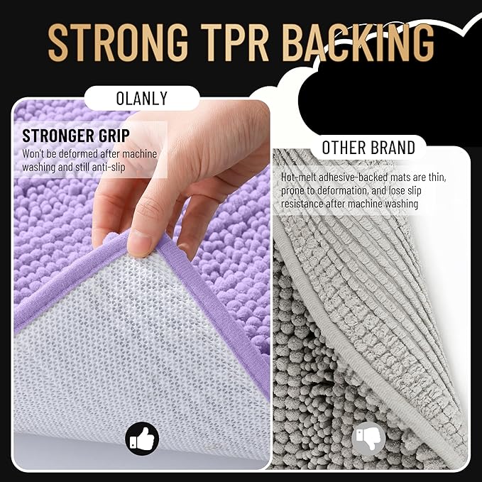 OLANLY Thick Bathroom Rugs 24x16, Extra Soft Absorbent Chenille Striped Bath Rugs, Rubber Backing, Machine Wash Dry, Bath Mats for Bathroom Floor, Tub and Shower, Home Decor Accessories, Lavender