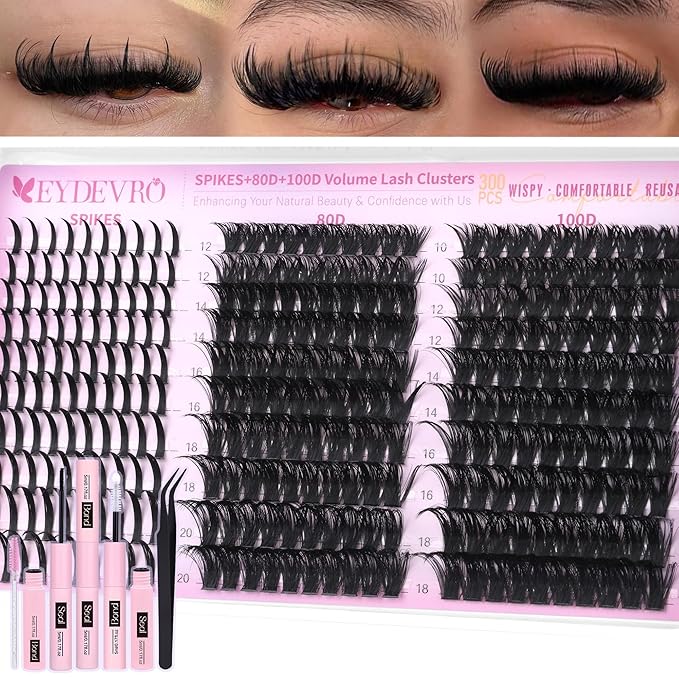 EYDEVRO Lash Clusters with Spikes Wispy Eyelash Clusters Kit 12-20mm Spikes Lash Clusters 10-18mm 80D 100D Volume Cluster Eyelash Extensions Cluster Lashes Kit Individual Lashes Lash Bond and Seal