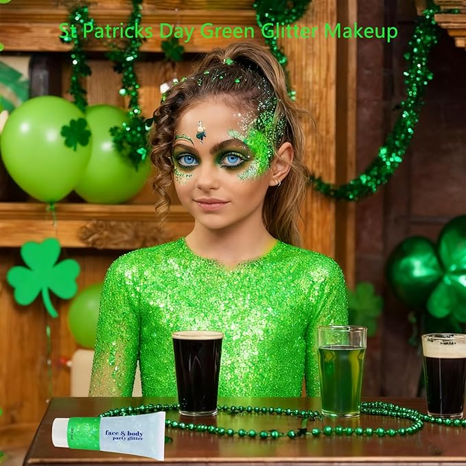 Go Ho Light Green Face Body Glitter,Sparkly Face Glitter Makeup,Light Green Face Paint Holographic Chunky Sequins Glitters for Eye Lip Hair, St Patricks Day Accessories
