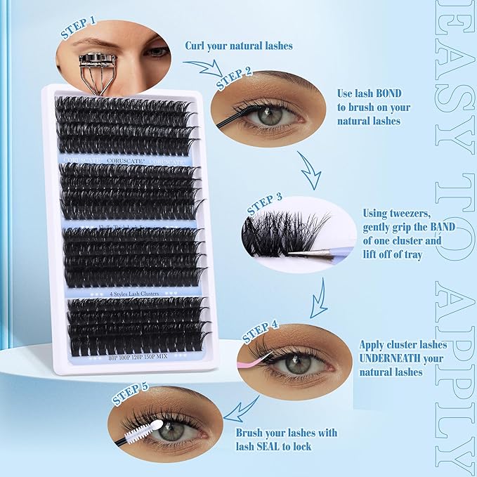 CORUSCATE Lash Clusters Long 14-20mm Eyelash Clusters 80D+100D+120D+150D Volume Cluster Eyelash Extensions Thick 284pcs Individual Lashes Strip Mink Eyelashes DIY Wispy Lash Extension