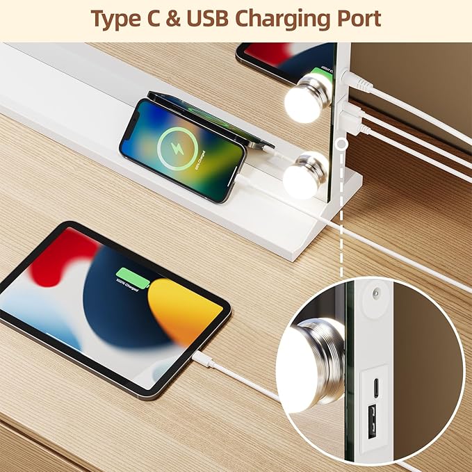 Vanity Mirror with Lights, Makeup Mirror with USB/Type-C Charging, Large Hollywood Mirrors w/ 18 LED Bulbs & 5X Magnifier, LED Mirrors for Bedroom Tabletop & Wall Mounted