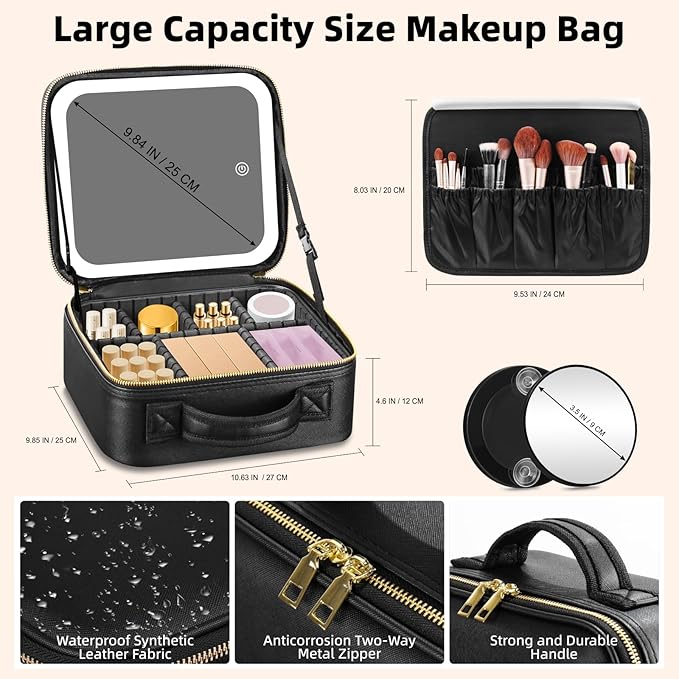 RRtide Travel Makeup Bag with Mirror of LED Lighted, Makeup Train Case with Adjustable Dividers, Makeup Case with Mirror and Detachable 10x Magnifying Mirror