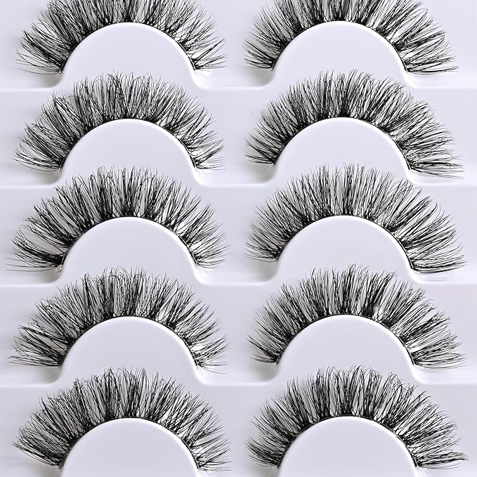 Lashes Wispy False Eyelashes Natural Cat Eye Strip Lash Fluffy Fake Lashes Strips Clear Band Mink Eyelash Natural Look Cateye Demi Wispies Eye Lashes Pack 7 Pairs Short Full Pestañas Set