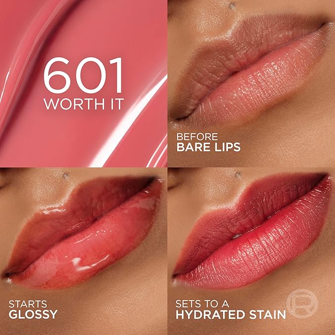 L'Oreal Paris Hyaluron Tint Lip Stain Serum, Long Lasting, Hydrating Lip Makeup Infused with Hyaluronic Acid, 601 Worth It (Pinky Nude)