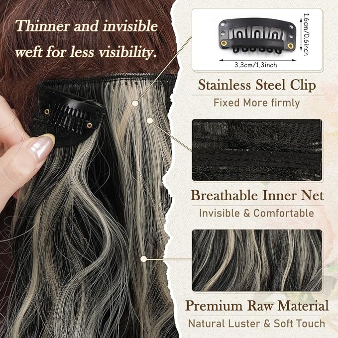 BARSDAR Black and Blonde Clip in Hair Extensions - Short Wavy Clip in Hair Extensions for Women - 12 Inch 6 PCS Voluminous Thick Soft Synthetic Beach Wave Black Blonde Highlights Hairpieces