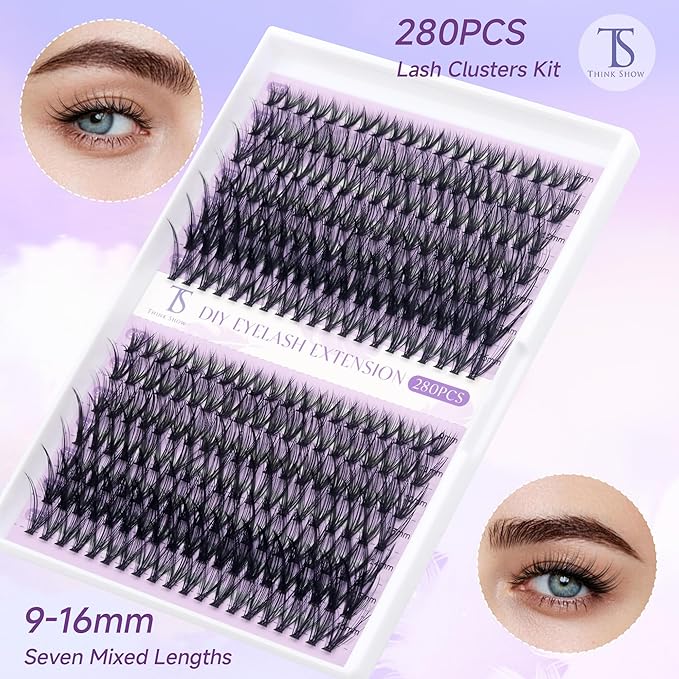 THINK SHOW 280PCS Lash Clusters Kit-30D & 40D Volume Lashes Clusters, 9-16mm Natural and Wispy Lash Clusters Kit, Easy Apply at Home, Reusable & Cruelty Free Cluster Eyelash Extensions