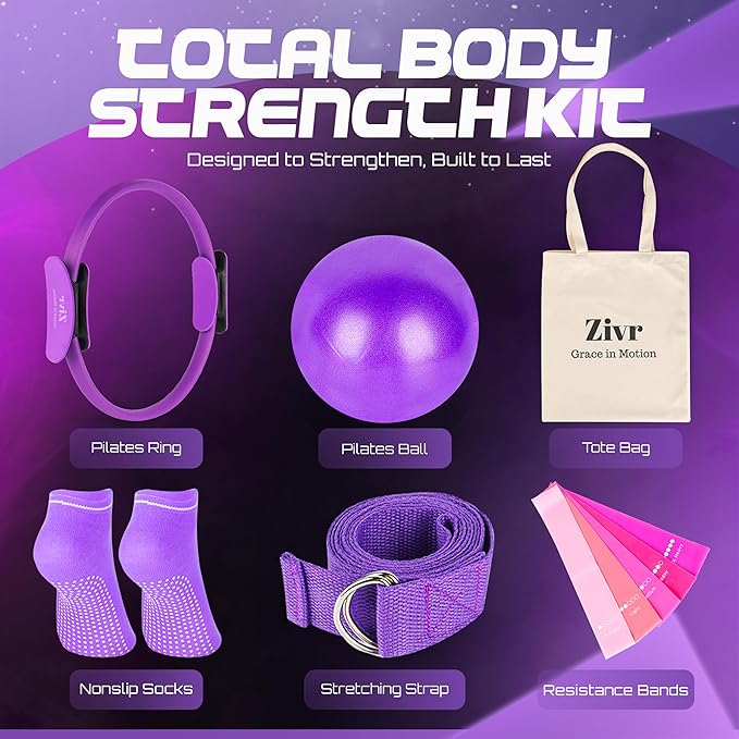 Pilates Ring and Ball Set for Home Workout – Pilates Kit for Full Body Toning & Flexibility with 15” Pilates Ring, Pilates Ball, Non-Slip Socks, Stretching Strap, 5X Resistance Bands & Tote Bag