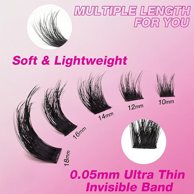 VEYESBEAUTY Lash Clusters Fluffy Individual Lash Extensions Xtreme 3D Layered Volume Eyelashes Thin & Invisible Band Wispy Faux Mink Lash Newbie's Five-Second Length 10mm
