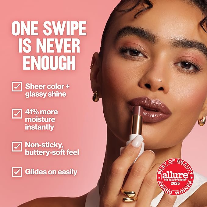 REVLON Super Lustrous Glass Shine Balm, Hydrating Tinted Lip Balm with Hyaluronic Acid, Aloe & Rose Quartz, Medium Pink Lipstick, NEW Shade, 018 Beaming Strawberry, 0.11 oz