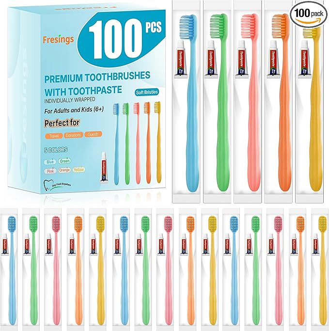 100 Pack Disposable Toothbrushes with Toothpaste, Individually Wrapped, Soft PBT Bristles, Peanut Grip Handle, Fluoride-Free, Bulk Travel Kit for Hotel, Guests, Emergency, Adults & Kids