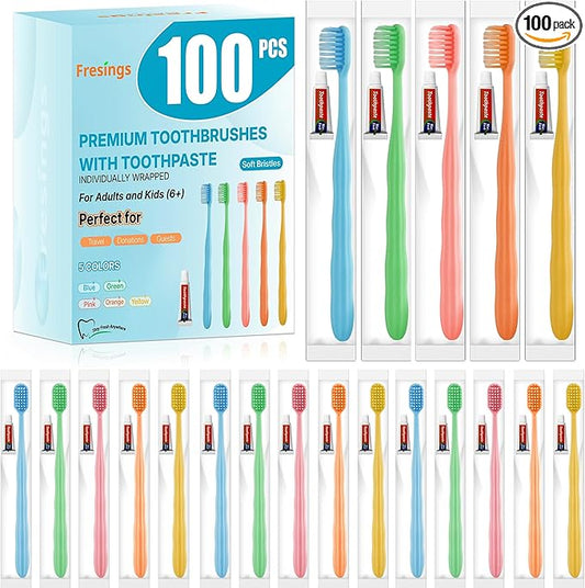 100 Pack Disposable Toothbrushes with Toothpaste, Individually Wrapped, Soft PBT Bristles, Peanut Grip Handle, Fluoride-Free, Bulk Travel Kit for Hotel, Guests, Emergency, Adults & Kids