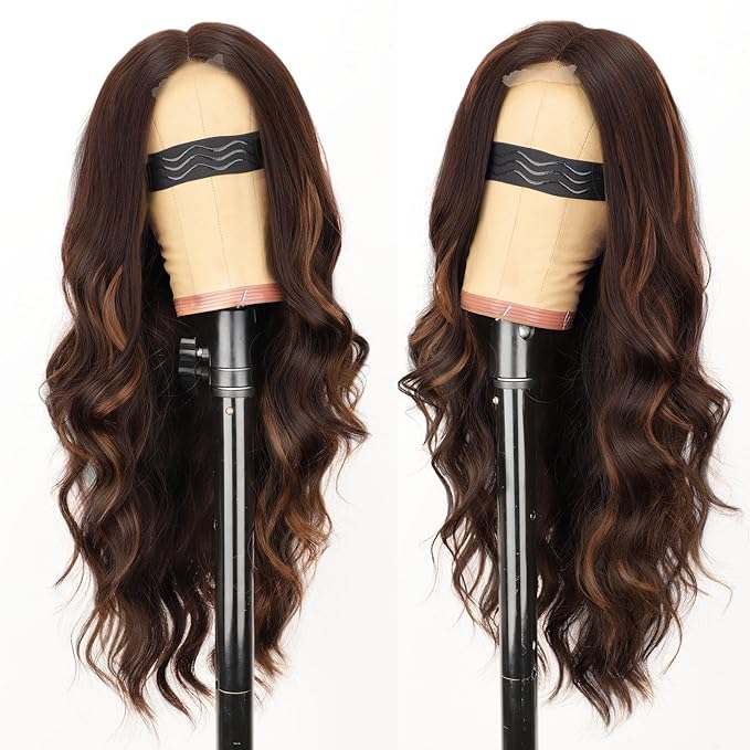 AISI HAIR Chocolate Copper Brown Mixed Light Brown Wig for Women, Long Wavy Lace Hairline Middle Part Synthetic Heat Resistant Wig for Daily Party-26 Inch