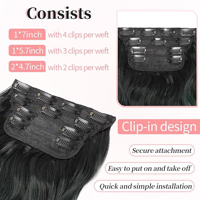 KooKaStyle Clip in Synthetic Hair Extensions Long Wavy 4PCS Thick Hairpieces Black to Green Ombre Fiber Double Weft Natural Hair Extensions 20 Inch for Women