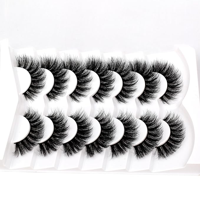 Pooplunch False Eyelash Volume Cat Eye Lashes D Curly Fluffy Lashes Wispy 8D Natural Soft Faux Mink Fake Eyelash Strips 7 Pairs Pack