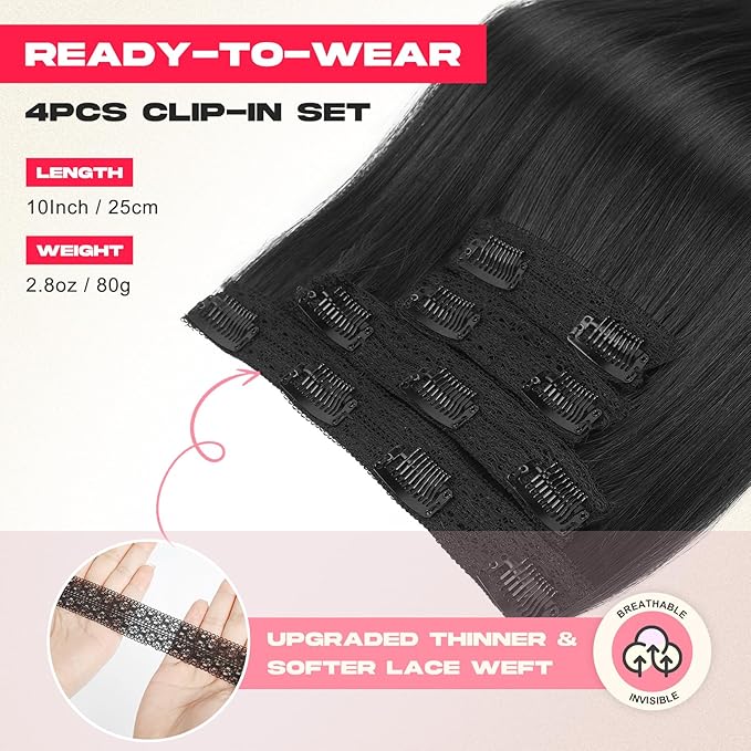 Hair Extensions, 10" Short Clip in Hair Extensions 4PCS Straight Natural Soft Synthetic Hairpiece for Women- Black