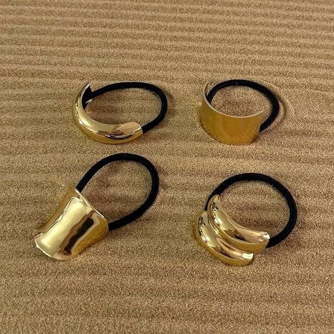 4PCS Golden Metal Hair Ties – No Damage Thick Band, High Elasticity, Durable, Stylish Golden Geometric Ponytail Holders Hair Accessories for Women