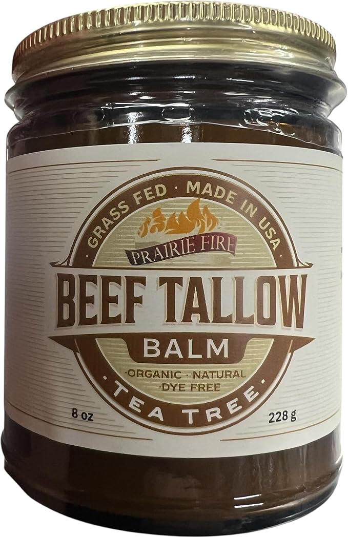 Prairie Fire Candles Grass Fed Beef Tallow Balm - 8 oz - Made in USA - Organic Grass Fed and Finished - Moisturizing Skin Care Tea Tree