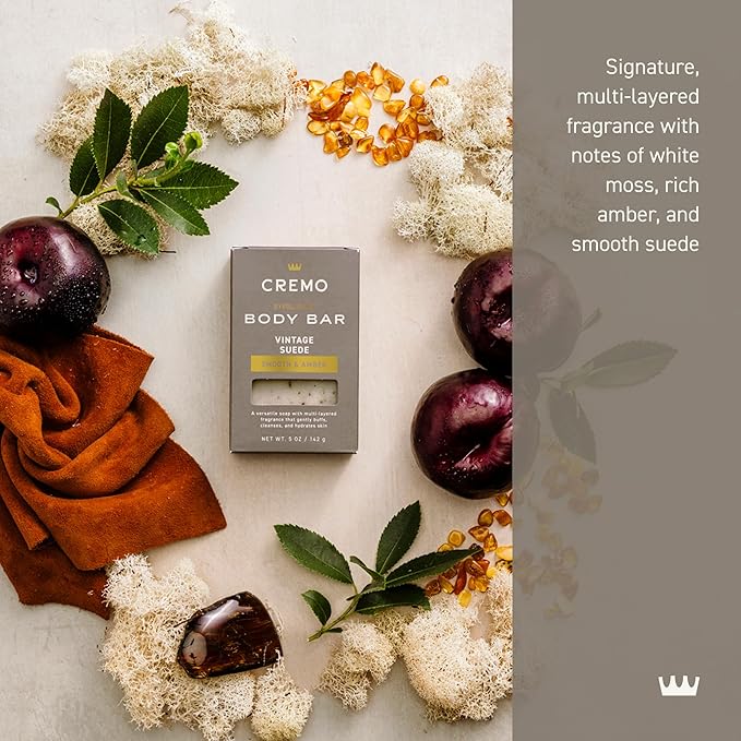 Cremo Exfoliating Body Bar for Men, Vintage Suede Scent, Multi-Layered Fragrance That Buffs, Cleanses and Hydrates Skin, 5oz