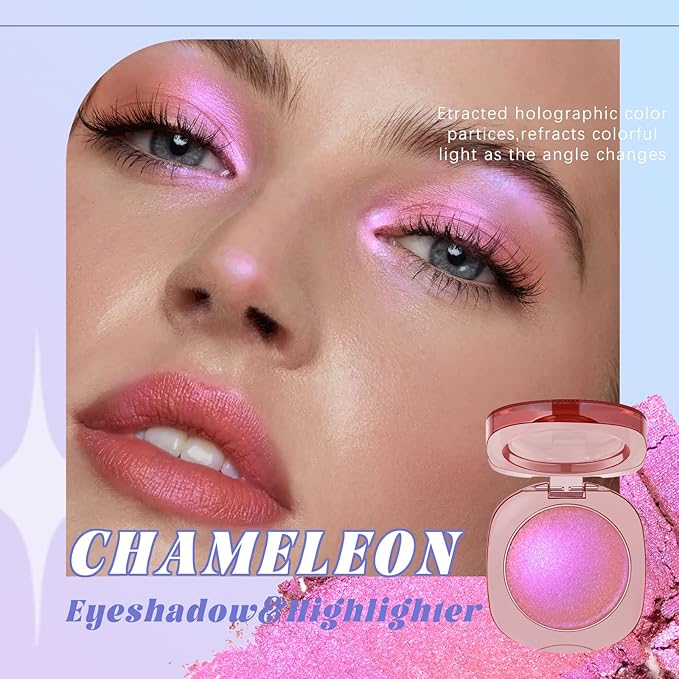 Holographic Chameleon Pink Purple Eyeshadow&Highlighter Palette Makeup, Color Shift Glitter Iridescent Cream Highlighter, Smooth Long Lasting Sparkling Facial Illuminator Palette Fairy Makeup