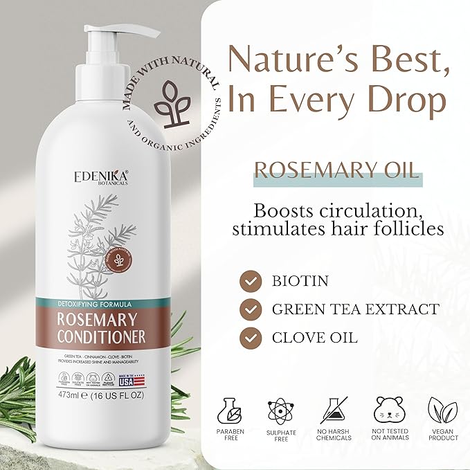 Edenika Botanicals Rosemary Oil Conditioner Treatment with Biotin for Thinning Hair, Anti-Hair Loss, Detangling, Nourishing & Strengthening, Women & Men, Sulfate-Free, Organic, 16 fl oz