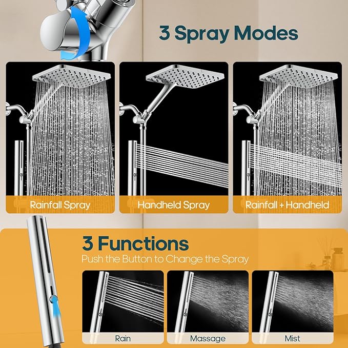 Hombeter Shower Heads with Handheld Combo, 10 Inch High Pressure Rain Shower Head, Height Adjustable Dual 2 in 1 Shower Head System with Stainless Steel Hose