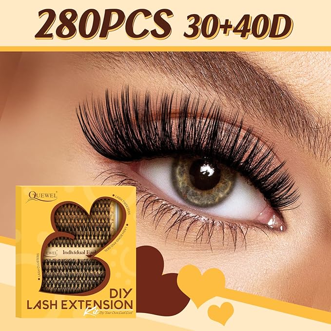 QUEWEL Lash Clusters, 280PCS 30+40D Lash Clusters Kit Mixed 2 styles 10-16mm, Thick Eyelash Clusters with Bond And Seal lashes clusters Glue and Lashes Tweezers Easy DIY at Home(D-30D+40D)