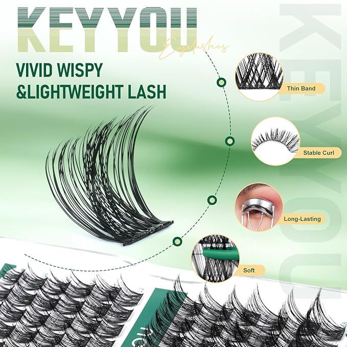 KEYYOU Lash Clusters, 96 Pcs DIY Lash Extensions, D Curl 16mm, Black, Realistic, Non-Irritating, Easy DIY at Home