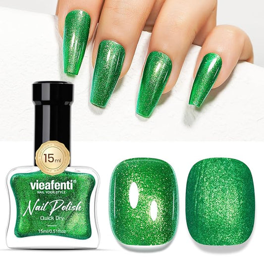 Nail Polish Glitter Green 15ml, Quick Drying Nail Polish Regular Lacquer Aurora Long-Lasting Air Dry Long-Lasting Oil-Base Manicure DIY Salon for Ladies