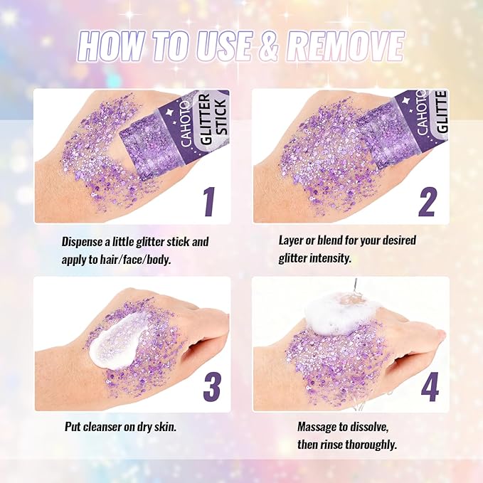 Violet Face Body & Hair Glitter Stick for Singer Concerts Outfit, Purple Shimmer Stick Gel for Women, Sparkling Holographic Chunky Sequins for Halloween Rave Festival Carnival Mermaid, 0.56oz