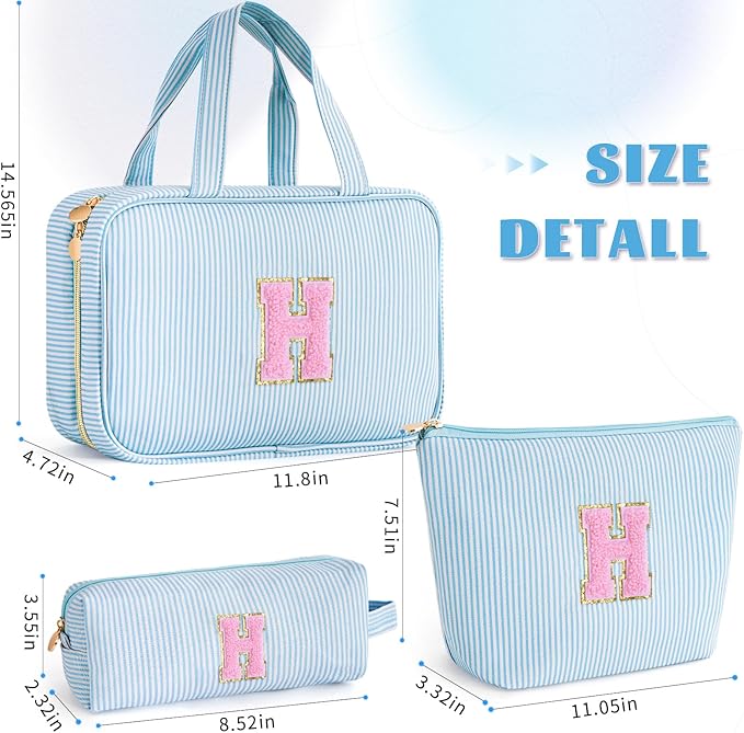Fystdtote Birthday Gifts for Her - Personalized Friend Gifts - 3 Pieces Toiletry Bag Makeup Bag Cosmetic Bags for Women Travel Wedding Bridesmaid Gifts Teacher Gifts for Women - Blue H