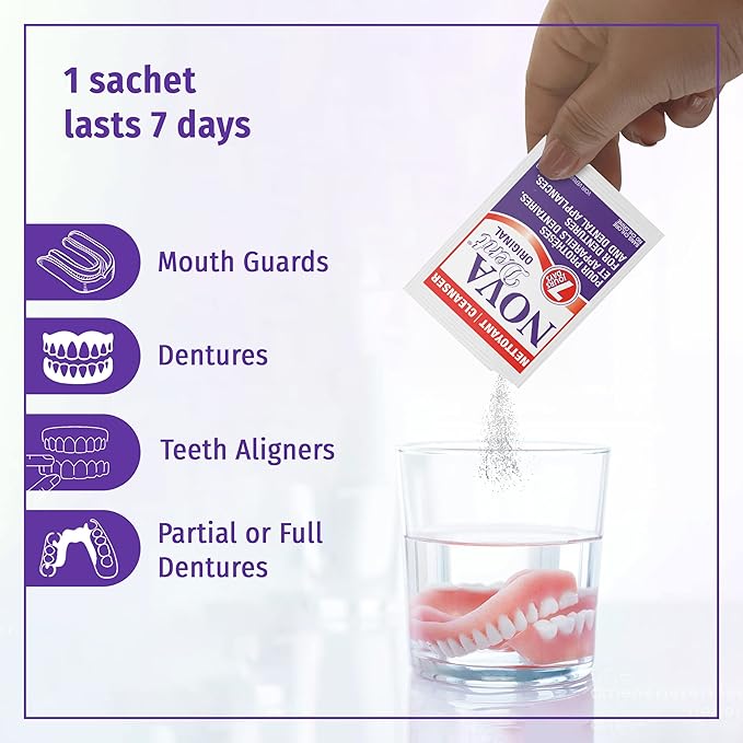 Novadent Dentures Cleaner – for Dental Appliances, Retainers, Trays, Mouth Guards, Teeth Aligners - 1 Year (52 sachets)