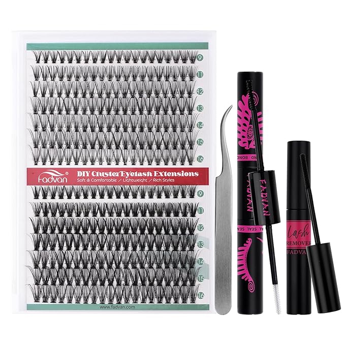 FADVAN DIY Lash Extension Kit 20D+40D Volume Lash Clusters Kit with Lash Bond and Seal 280 pcs Thick Individual Lashes 9-16 mm D Mink Lashes Cluster, Lash Cluster Remover and Tweezers