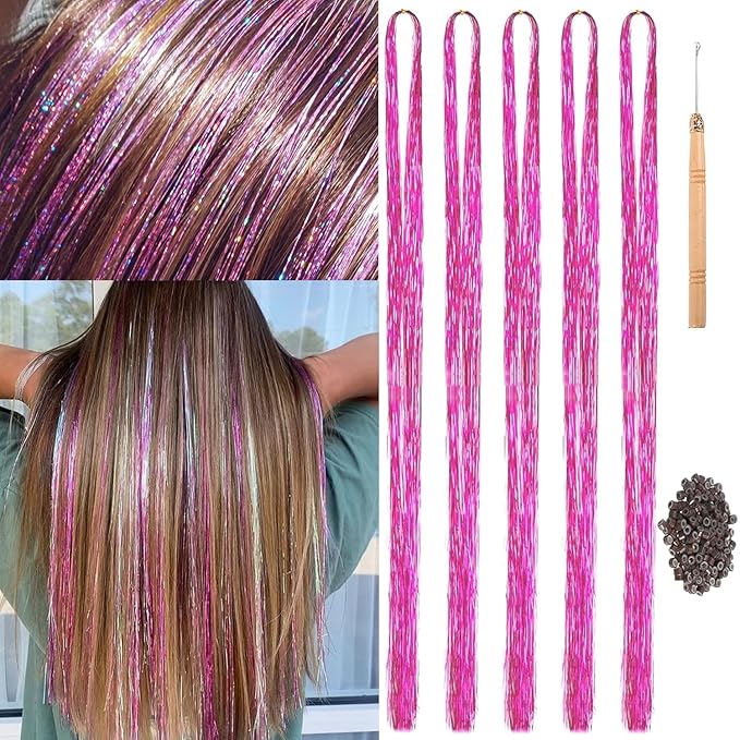 47" Holographic Hair Tinsel Kit Shining Pink Professional Sparkle Heat-Resistant Silk Extensions, Easy to Apply, Hair Accessories for Girls, Party Hair, Gifts for Girls (1000 Strands, Shining Pink)