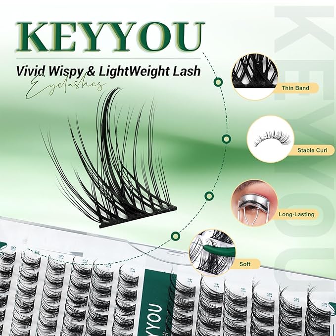 Lash Clusters,96 Pcs Cluster Lashes D Curl 14mm DIY Lash Extensions Eyelash Clusters,KEYYOU Volume Wispy Individual Lashes Soft&Comfortable Easy DIY at Home(Y09,D-14mm)