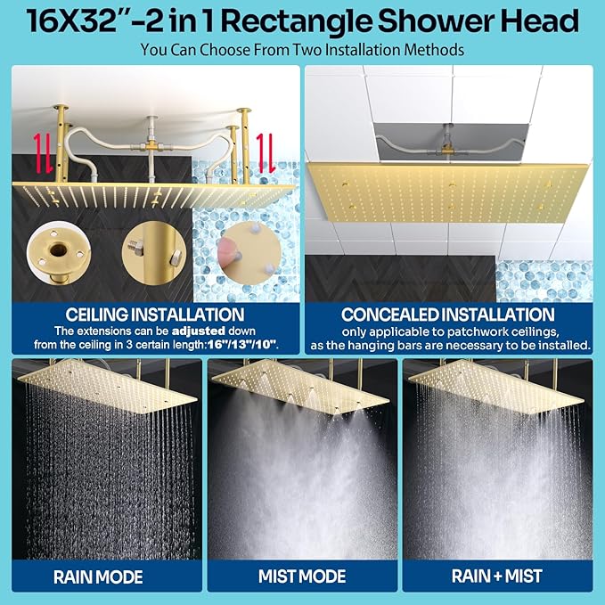 HOMEDEC Dual Shower System for Two, 16x32" Rain & 6" Shower Heads, 4-Way Diverter Valves, Shower Faucet Set with Body Jets & Handheld, Brushed Gold