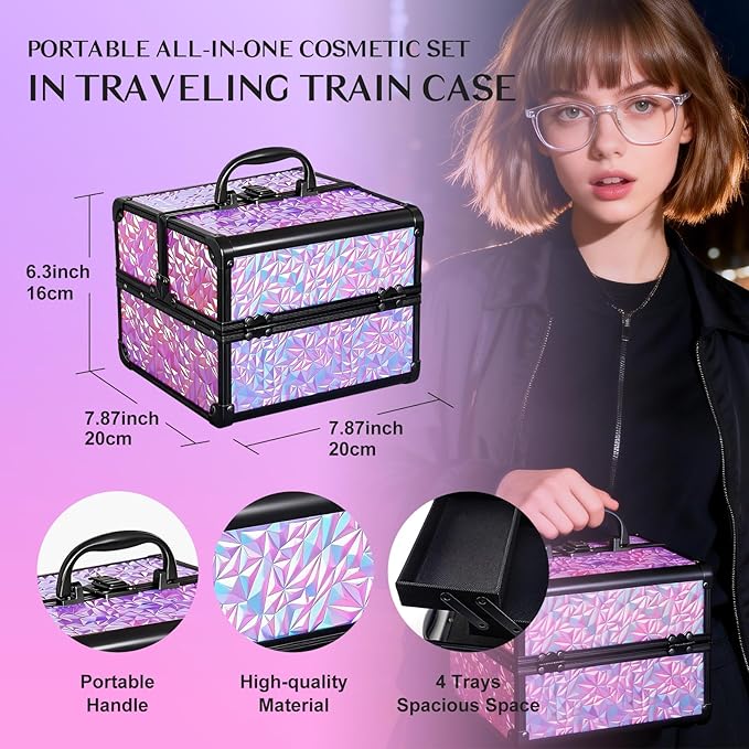 Color Nymph All In One Makeup Kit Comestics Gifts for Girls Teens, Travel Makeup Set 4 Trays Train Case for Beginner Includes Eyeshadow Highlighter Lipgloss Blush Concealer Brush Eyeliner Lipbalm
