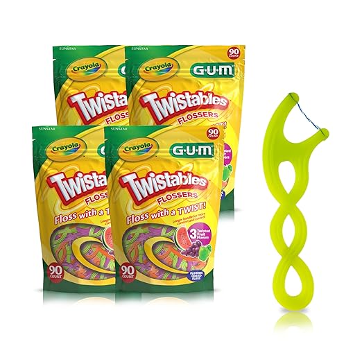GUM Crayola Twistables Kids Flossers with Fluoride - Designed for Little Hands - Three Fun Fruit Flavors - Easy to Use Kids Floss Picks for Children Ages 3+, 90 Count (Pack of 4)