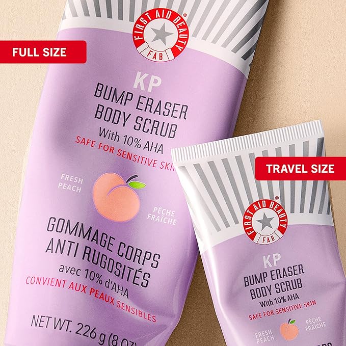 First Aid Beauty - KP Bump Eraser Body Scrub with 10% AHA, Keratosis Pilaris Exfoliator with Glycolic and Lactic acids, Helps Reduce Chicken Skin Bumps, Safe for Sensitive Skin, Peach Scent (2 oz)