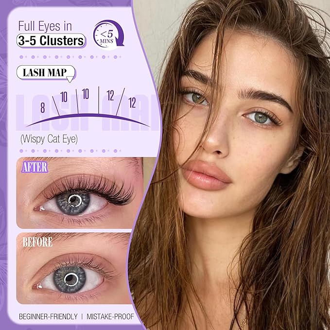 Natural Lash Clusters 8MM 10MM 12MM Eyelash Clusters Short Wispy DIY Spider Lash Extensions CC Curve Individual Lashes Fluffy Cluster Eyelash Extensions for Clean Girl & No Makeup