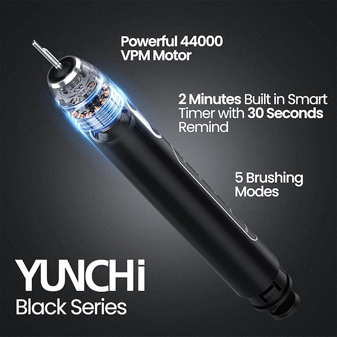 YUNCHI Electric Toothbrush Birthday/Valentine Plastic 8 Heads 24-Mo Deep Cleans Gentle Gums Removes Stains 3Hr USB-C 90d 2-Min Timer/30s IPX7 - Black