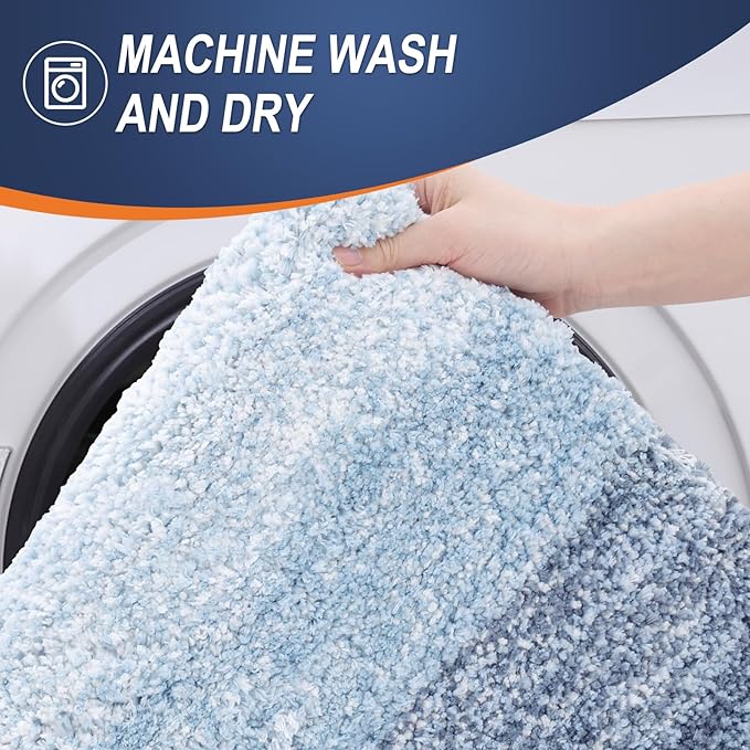 OLANLY Bathroom Rug Mat 24x16, Extra Soft and Absorbent Polyester Bath Rugs, Non-Slip Plush Shaggy Bath Carpet, Machine Wash Dry, Bath Mats for Bathroom Floor, Tub and Shower, Blue