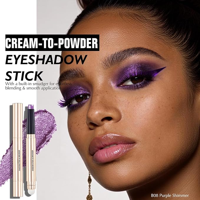 Purple Shimmer Eyeshadow Stick - Dual-Ended Long-Lasting Cream Eye Shadow for Older Women Crease-Proof Metallic Eyeshadow Pencil, Multi-Use Eye Crayon Highlighter Makeup with Built-in Smudger
