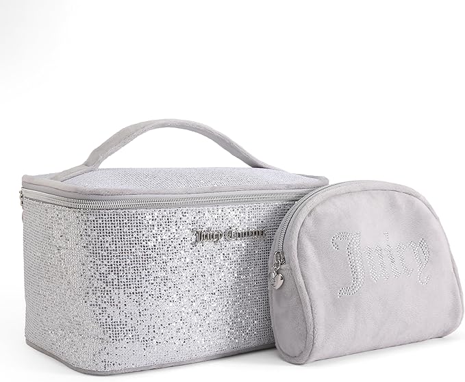 Juicy Couture Silver Sparkle Makeup Bag Set Cosmetics Organizer Travel Essentials Train Case Coin Purse Glitter Rhinestone Velour
