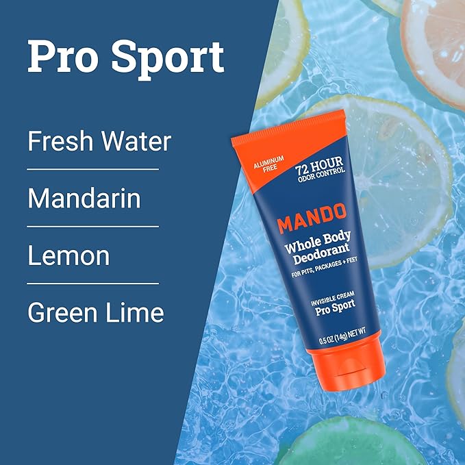 Mando Whole Body Deodorant - Mini Travel Size Invisible Cream Tube - 72 Hour Odor Control - Aluminum and Baking Soda Free, Skin Safe - .5 oz (Pack of 2) (Pro Sport)