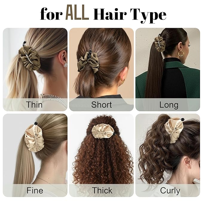 2 Pack Large Satin Banana Hair Clips for Thick/Long Hair, 5.5 Inch Jumbo Ruffled Ponytail Holder with Pearls, Non-Slip Vertical Clamp, Elegant French Vintage Accessories (Brown & Beige)