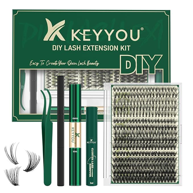KEYYOU Lash Extension Kit DIY 300Pcs Lash Clusters Eyelash Extension Kit Lash Clusters Kit with Lash Glue Remover Applicator Easy to Use for Beginners(Kit,30D40D50D-D,8-16MIX)