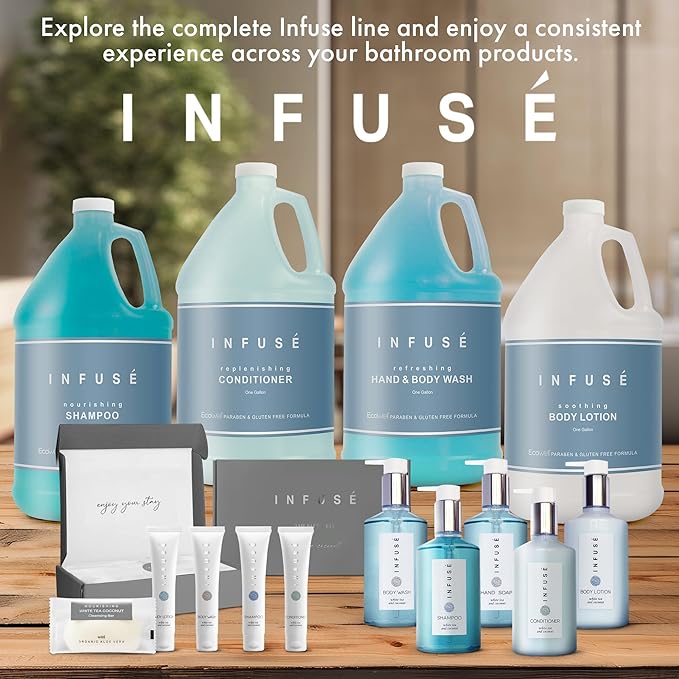 INFUSÉ 1 Liter Shampoo Refill Bag For Soap Dispensers | Bulk Toiletries for Vacation Rentals, and Home Bathroom Showers | White Tea and Coconut | Set of 12